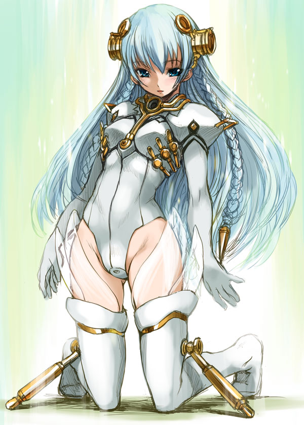 1girl :d aqua_background ar_tonelico ar_tonelico_i bangs blue_eyes blue_hair blush boots bosshi braid breasts elbow_gloves full_body gloves gradient gradient_background groin gust hair_ornament headgear highleg highleg_leotard kneeling leotard long_hair looking_at_viewer open_mouth see-through shadow shurelia sketch small_breasts smile solo thigh-highs thigh_boots turtleneck twin_braids very_long_hair white_boots white_gloves white_hair white_legwear