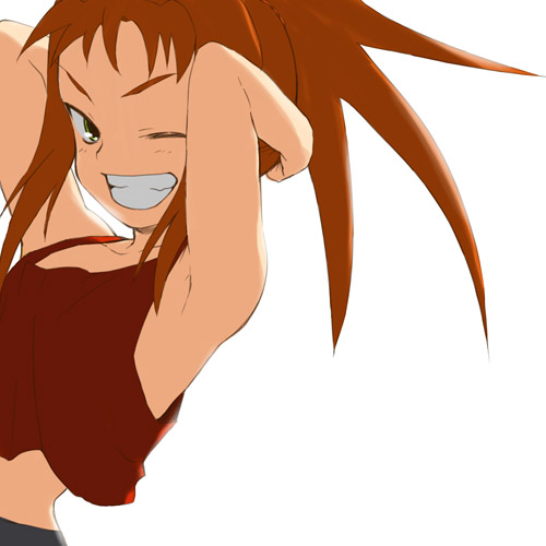 00s 1girl ;d aoba aoba_(smartbeat) armpits arms_up bare_shoulders grin looking_at_viewer lowres my-hime one_eye_closed open_mouth simple_background sleeveless smile solo spiky_hair sugiura_midori tank_top teeth upper_body white_background