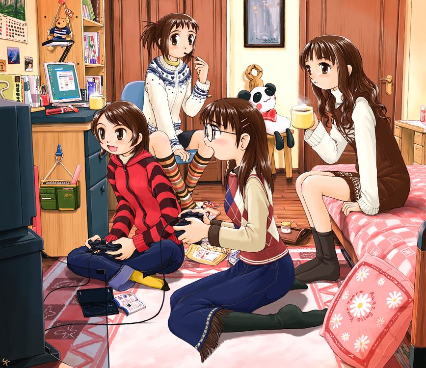 4girls argyle argyle_sweater bed bedroom brown_hair chair coffee computer controller desk footwear game_console game_controller glasses gozenta hood hooded_jacket jacket laptop multiple_girls panda pantyhose playing_games playstation playstation_2 pocky product_placement raglan_sleeves rug socks striped striped_legwear stuffed_animal stuffed_toy sweater video_game