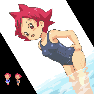 1girl :o adjusting_clothes adjusting_swimsuit aliasing armpits bare_shoulders collarbone dutch_angle hands_on_hips kasuga39 kumatora leaning_forward looking_back lowres matching_hair/eyes mother_(game) mother_3 nintendo one-piece_swimsuit open_mouth pink_hair pixel_art red_eyes redhead school_swimsuit simple_background skin_tight swimsuit wading water