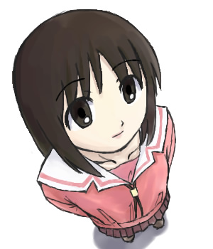 azumanga_daioh brown_eyes brown_hair foreshortening from_above kasuga_ayumu long_hair looking_up lowres morichan school_uniform serafuku skirt