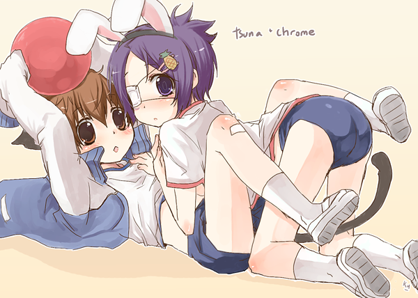 1boy 1girl animal_ears ball blush brown_eyes brown_hair buruma cat_ears cat_tail chrome_dokuro eyepatch gym_uniform jacket katekyo_hitman_reborn kurot lying purple_hair rabbit_ears sawada_tsunayoshi socks tail tsuna violet_eyes