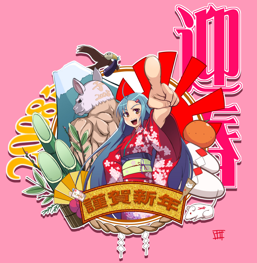 00s 1girl 2008 :d ahoge bird blue_hair brown_eyes eggplant finger_pointing floral_print foreshortening from_behind hagoita hair_ornament hairclip hand_on_hip hatsuyume hawk japanese_clothes kadomatsu kagami_mochi kimono mount_fuji mountain mouse new_year obi open_mouth original paddle pink_background pointing pointing_at_viewer rat rope sash shide shimenawa smile taru_neko