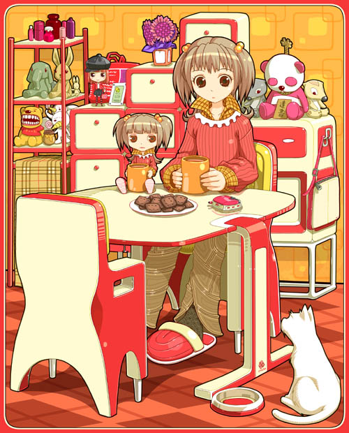 bag blythe brown_eyes brown_hair cat chair character_request cookie cup elephant flower food kimura_daisuke kitchen mug panda pooh puppet rabbit slippers table what winnie_the_pooh