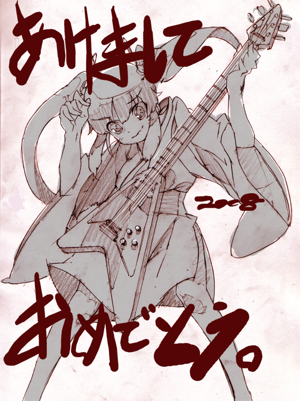 00s 1girl 2008 akeome flying_v giutar guitar instrument japanese_clothes kitano_yuusuke miko monochrome new_year pink solo