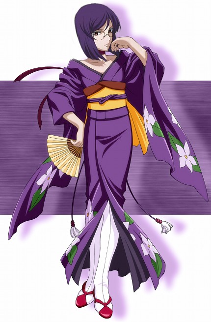 1boy crossdressinging crossover fan folding_fan glasses gundam gundam_00 japanese_clothes kanzaki_sumire kanzaki_sumire_(cosplay) kimono male_focus parody sakura_taisen solo tieria_erde trap yukata