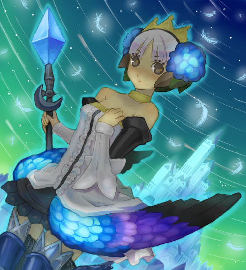 1girl aqua_background armor armored_dress bad_id blue_background castle crown dress feathers gradient gradient_background green_background gwendolyn hat inase odin_sphere polearm solo spear strapless strapless_dress thigh-highs weapon wings