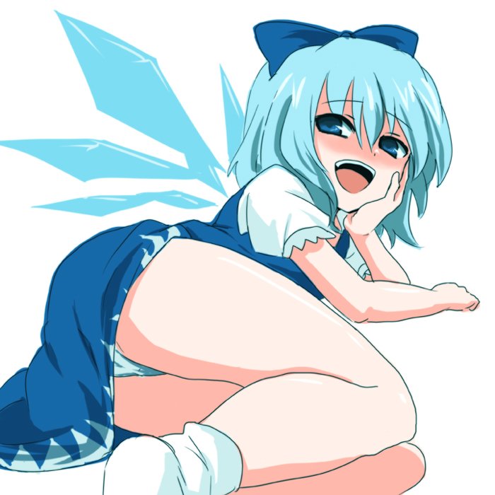 1girl bad_id blue_eyes blue_hair blush bow cirno fairy female ica inaka jpeg_artifacts lying naughty_face panties ribbon smug solo the_embodiment_of_scarlet_devil touhou underwear