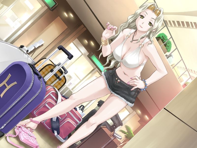 1girl bag bracelet breasts cleavage feet game_cg handbag hanging_breasts happoubi_jin high_heels jewelry long_hair long_nails luggage nail_polish necklace pink_nails resort_boin sandals shinjou_kanae shoes shorts silver_hair solo