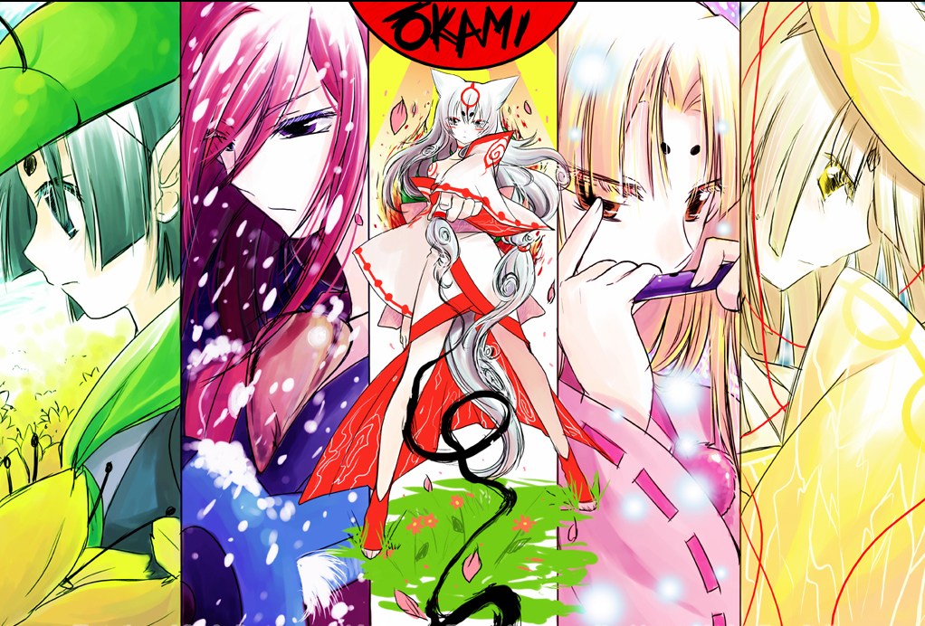 1girl 3boys amaterasu androgynous animal_ears bangs blonde_hair blunt_bangs colorful copyright_name expressionless flute green_hair instrument issun japanese_clothes kaze-hime kaze_hime_(artist) kimono lineup looking_at_viewer looking_away multiple_boys ookami_(game) personification petals pink_hair pointing profile serious tail ushiwakamaru white_hair wide_sleeves wolf_ears wolf_tail