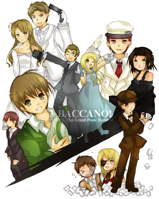 5girls 6+boys baccano! bad_anatomy card chane_laforet claire_stanfield czeslaw_meyer dress elbow_gloves ennis firo_prochainezo formal glasses gloves hair_ornament hat isaac_dian jacuzzi_splot ladd_russo miria_harvent multiple_boys multiple_girls nice_holystone poorly_drawn