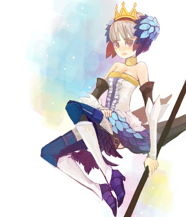 1girl armor armored_dress bad_id boots crown dress fantasy gwendolyn hagiko hat odin_sphere skirt strapless strapless_dress thigh-highs