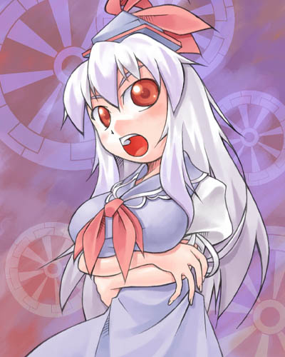 1girl blue_dress blush breasts crossed_arms dress female hat kamishirasawa_keine large_breasts looking_at_viewer lowres nyagakiya puffy_short_sleeves puffy_sleeves red_eyes short_sleeves silver_hair solo tate_eboshi touhou upper_body