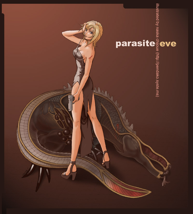 1girl alligator aya_brea blonde_hair blood blue_eyes breasts cleavage crocodilian dress gun hand_on_head handgun high_heels looking_back medium_breasts naska_chijoue parasite_eve pistol shoes short_hair solo standing torn_clothes weapon