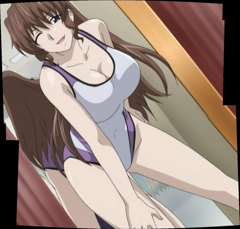 1girl arisaka_hatsune bent_over breasts brown_hair cleavage huge_breasts large_breasts long_hair mirror one-piece_swimsuit one_eye_closed open_mouth screencap smile solo swimsuit tona-gura! wink