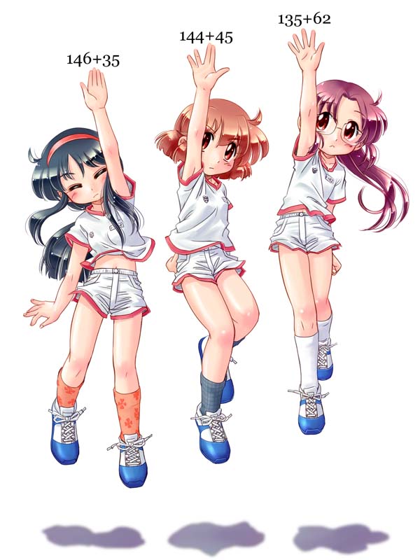 3girls chart glasses gym_uniform hairband jumping multiple_girls original zan