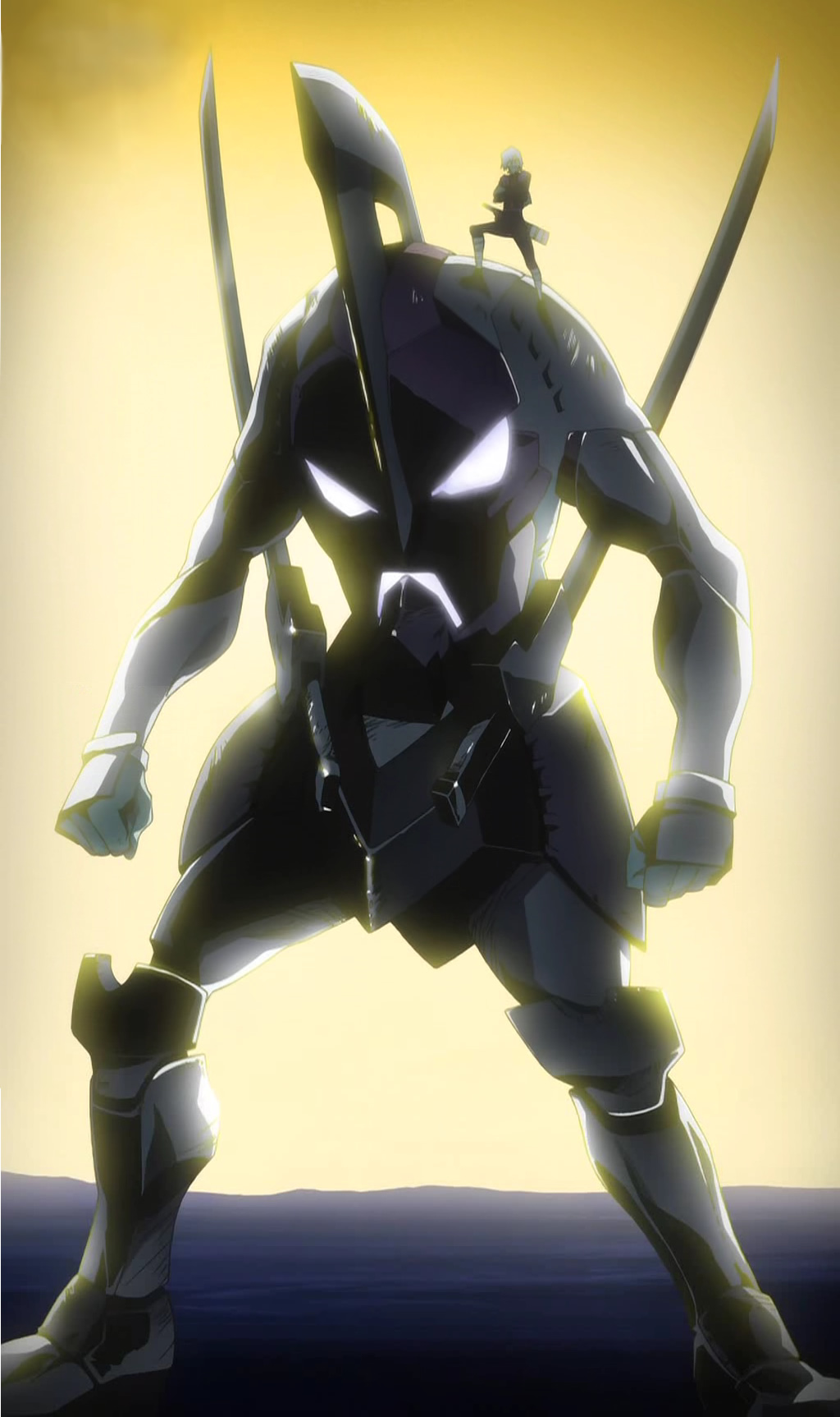 1boy armor backlighting enkidu evil_smile fighting_stance highres looking_at_viewer male_focus mecha on_shoulder screencap silhouette size_difference smile standing tengen_toppa_gurren_lagann viral