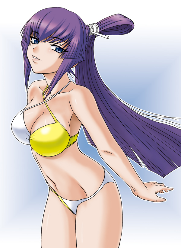 1girl bikini blue_eyes breasts cleavage koubuin_yuuhi large_breasts long_hair misnon_the_great muvluv ponytail purple_hair solo swimsuit violet_eyes