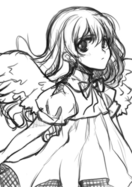 1girl dress expressionless eyebrows eyebrows_visible_through_hair hara_takehito looking_at_viewer monochrome period puffy_short_sleeves puffy_sleeves ribbon short_hair short_sleeves simple_background sketch solo upper_body white_background wings