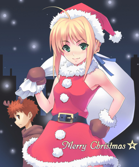 azu blonde_hair christmas emiya_shirou fate/stay_night fate_(series) gloves green_eyes night reindeer_ears saber santa_costume