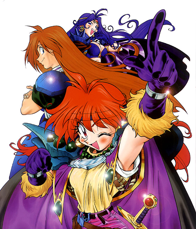 1boy 2girls 90s :d araizumi_rui armpits belt bikini blue_hair blush breasts brown_hair cape circlet cleavage crossed_arms earrings fur_trim gloves gourry_gabriev green_eyes headband jewelry large_breasts lina_inverse long_hair looking_at_viewer multiple_girls naga_the_serpent necklace official_art one_eye_closed open_mouth outstretched_arm pauldrons pointing profile red_eyes simple_background slayers small_breasts smile spaulders swimsuit sword very_long_hair weapon white_background