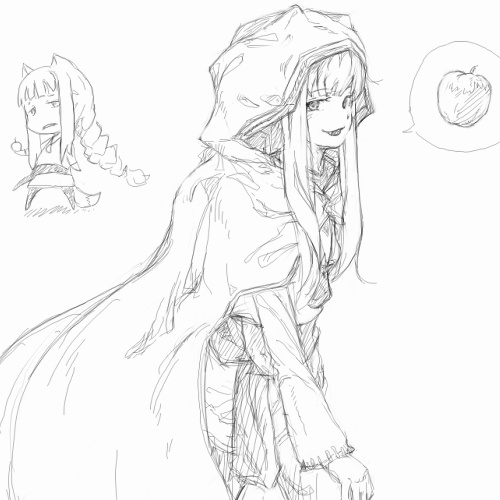 animal_ears apple food fruit holo lowres monochrome sketch spice_and_wolf tail wolf_ears wolf_tail