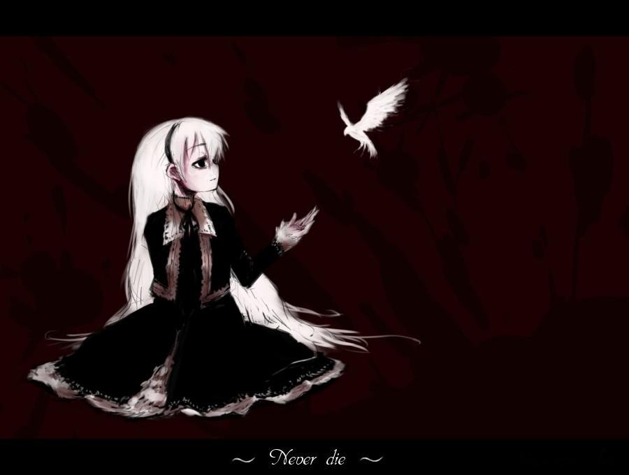 1girl bad_id bags_under_eyes bird black black_eyes black_lagoon dark dress gothic_lolita gretel_(black_lagoon) hairband lolita_fashion solo sugimoto_gang white_hair