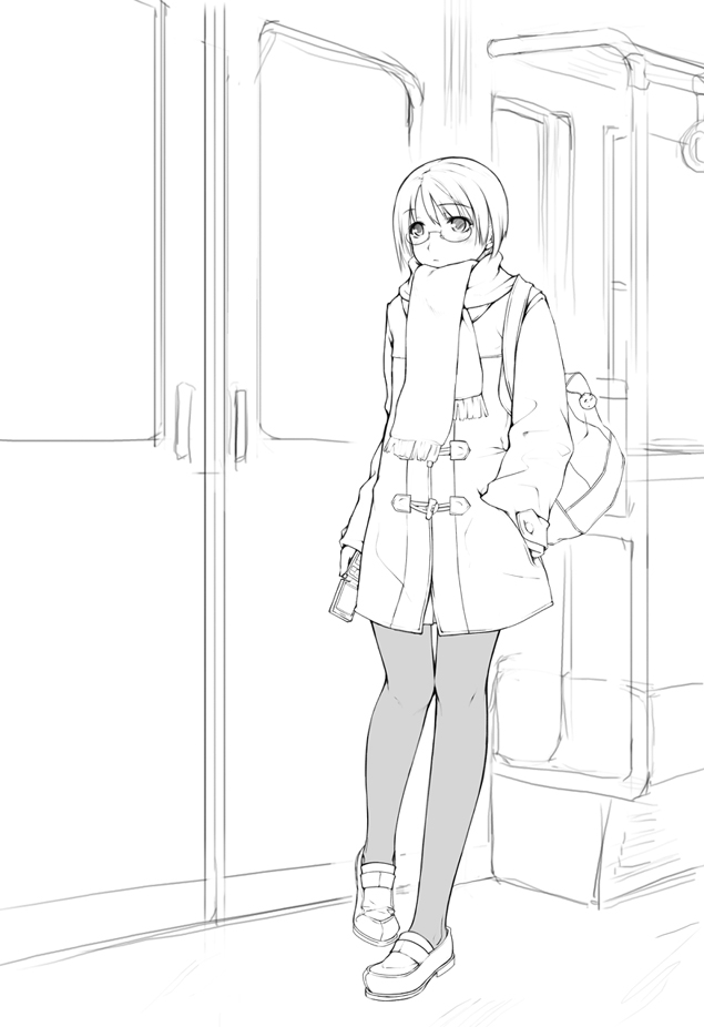 1girl bad_id cellphone coat copyright_request glasses ground_vehicle monochrome ooji pantyhose phone scarf short_hair solo standing train train_interior