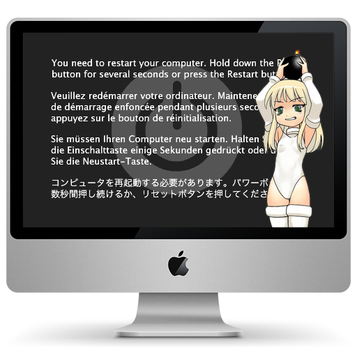 1girl apple apple_inc. armpits blonde_hair blue_screen_of_death bomb breasts computer english flat_chest food french fruit german green_eyes japanese kernel_panic long_hair macintosh monitor os-tan osx screen see-through solo thigh-highs
