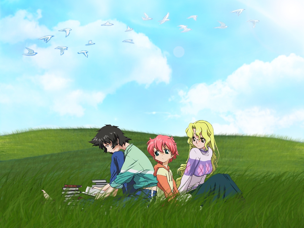 00s 3girls anita_king bird book casual field grass maggie_mui michelle_cheung multiple_girls outdoors r.o.d_the_tv read_or_die reading sky wallpaper