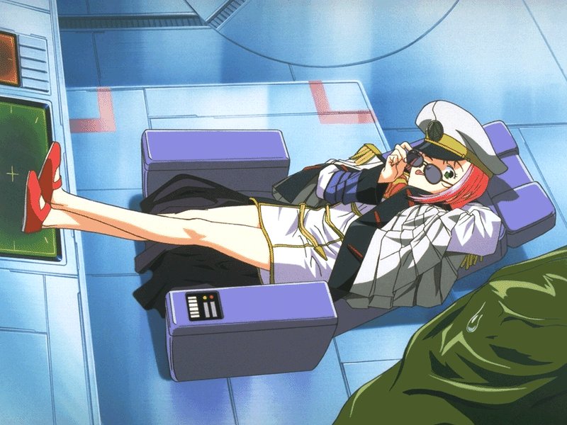 1girl 90s :p battle_7 exsedol_folmo giant green_eyes head legs long_legs macross macross_7 military military_uniform mylene_jenius official_art promotional_art science_fiction space_craft sunglasses sweatdrop tongue tongue_out traditional_media uniform