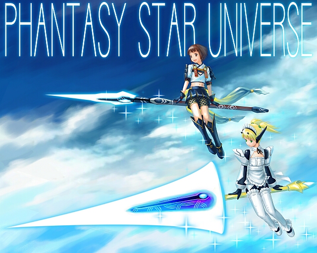 2girls :d android armor bangs bike_shorts black_gloves blonde_hair blue_background blue_eyes blunt_bangs boots broom broom_riding brown_eyes brown_hair caseal cleavage_cutout clouds cloudy_sky copyright_name denjuu flat_chest flying gloves huge_weapon japanese_clothes knee_boots long_sleeves maid midriff multiple_girls navel open_mouth phantasy_star phantasy_star_universe polearm riding robot_ears short_hair short_sleeves short_twintails sidesaddle sitting skirt sky smile sparkle spear text thigh-highs twintails vambraces weapon white_legwear