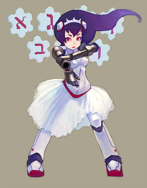 android arm_cannon robot robot_girl simple_background skirt weapon weno