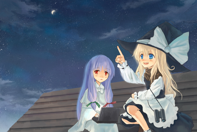 2girls binoculars blonde_hair blue_eyes computer crescent_moon female hat kirisame_marisa laptop moon multiple_girls night night_sky no_hat no_headwear outdoors patchouli_knowledge pointing pointing_up purple_hair rooftop sitting sky star_(sky) starry_sky tes_(unpre) touhou witch_hat