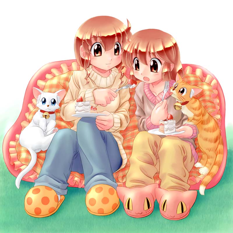 2girls cake cat feeding food frilled_pillow frills fruit multiple_girls original pastry pillow plate siblings sisters slippers strawberry sweater zan