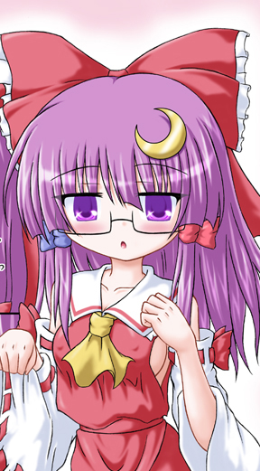 1girl bespectacled breasts cosplay crescent crescent_hair_ornament detached_sleeves erect_nipples female glasses hair_ornament hakurei_reimu hakurei_reimu_(cosplay) inasaki_shirau japanese_clothes miko patchouli_knowledge purple_hair sideboob solo touhou violet_eyes