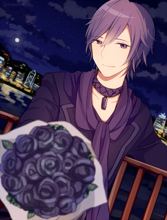 1boy alternate_costume blue_eyes blue_hair blue_rose bouquet choker cityscape closed_mouth clouds cloudy_sky dutch_angle flower full_moon hair_between_eyes kaito looking_at_viewer male_focus matching_hair/eyes moon mysterious_butterfly_(module) night night_sky nokuhashi pov project_diva_(series) project_diva_x rose scarf sky smile solo star_(sky) starry_sky twitter_username vocaloid watermark