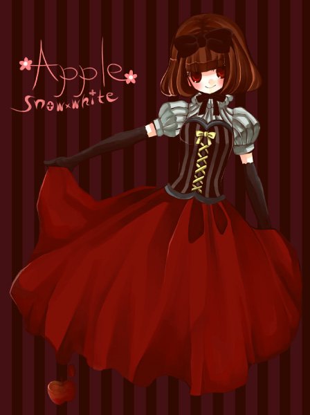 1girl bad_id brown_hair corset dark dress elbow_gloves gloves grimm's_fairy_tales hachino red_eyes ribbon snow_white snow_white_(grimm) snow_white_and_the_seven_dwarfs solo