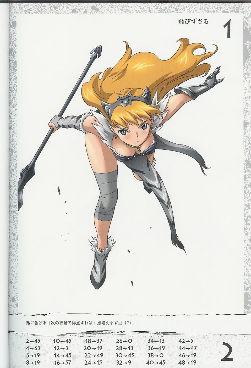 1girl angry armor bent_over bikini_armor blonde_hair breasts cleavage earrings elina fur hairband highres hisayuki_hirokazu jewelry loincloth long_hair medium_breasts official_art polearm queen's_blade solo spear weapon