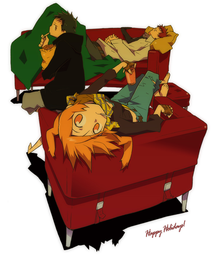 1girl 2boys bad_id barefoot blanket can chair collared_shirt couch eating fingerless_gloves glasses gloves hara_(artist) hara_kazuhiro lying matching_hair/eyes multiple_boys necktie on_back orange_eyes orange_hair original red_upholstery scarf shirt sitting sleeping trio