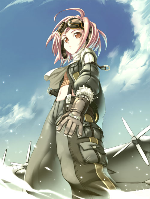 1girl airplane clouds gloves goggles kimura_daisuke midriff navel pilot pink_hair scarf short_hair sky solo