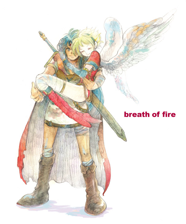 1boy 1girl angel_wings armor blonde_hair blue_eyes blue_hair boots breath_of_fire breath_of_fire_i couple elbow_gloves gloves green_eyes hairband hetero knee_boots nina_(breath_of_fire_i) ryuu_(breath_of_fire_i) short_hair sword thigh-highs weapon white_wings wings