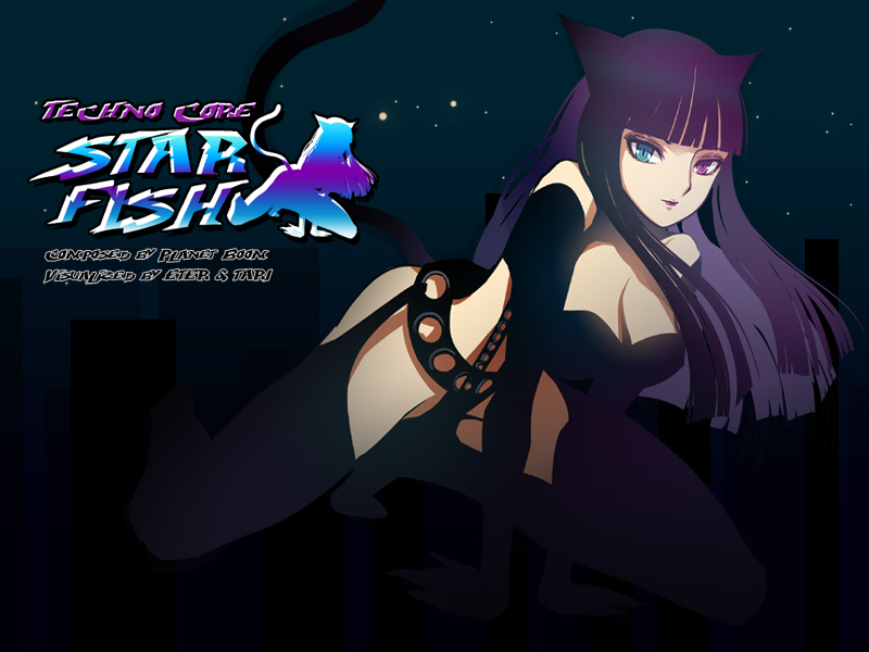 1girl animal_ears bangs blunt_bangs breasts cat_ears cat_tail chaps dj_max dj_max_portable heterochromia kneeling large_breasts lips lipstick makeup night outdoors silhouette sky solo squatting star tail tari text thigh-highs
