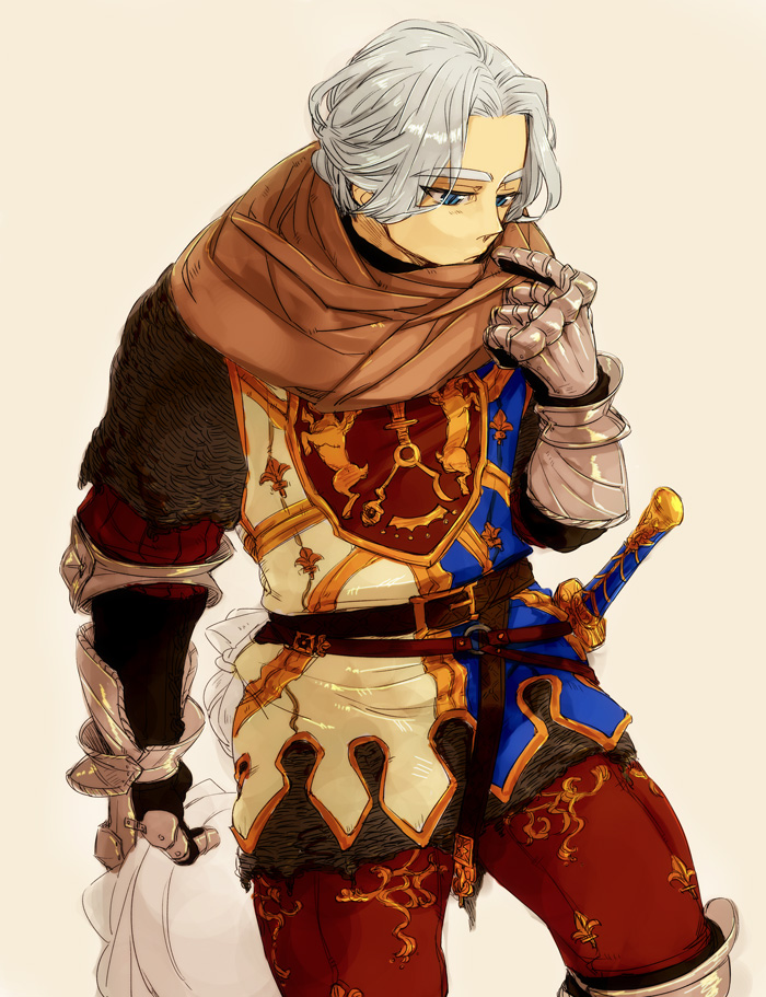 1boy adjusting_clothes armor armored_boots belt blue_eyes boots brown_background brown_scarf clenched_hand closed_mouth coat_of_arms fleur_de_lis hendricksen holding long_hair looking_down male_focus metal mochimochimochi nanatsu_no_taizai scarf sheath sheathed silver_hair simple_background sword thick_eyebrows tied_hair tunic weapon younger