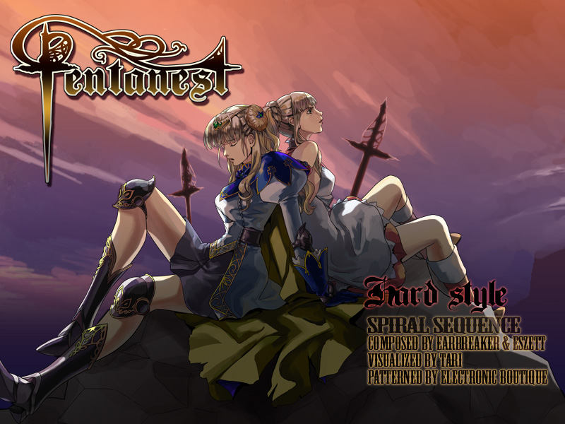 2girls armor back-to-back bangs blonde_hair boots bun_cover cape cloak closed_eyes clouds dj_max dj_max_portable double_bun fantasy greaves knee_boots light_brown_hair looking_up multiple_girls night ponytail skirt sky sword tari weapon yuri