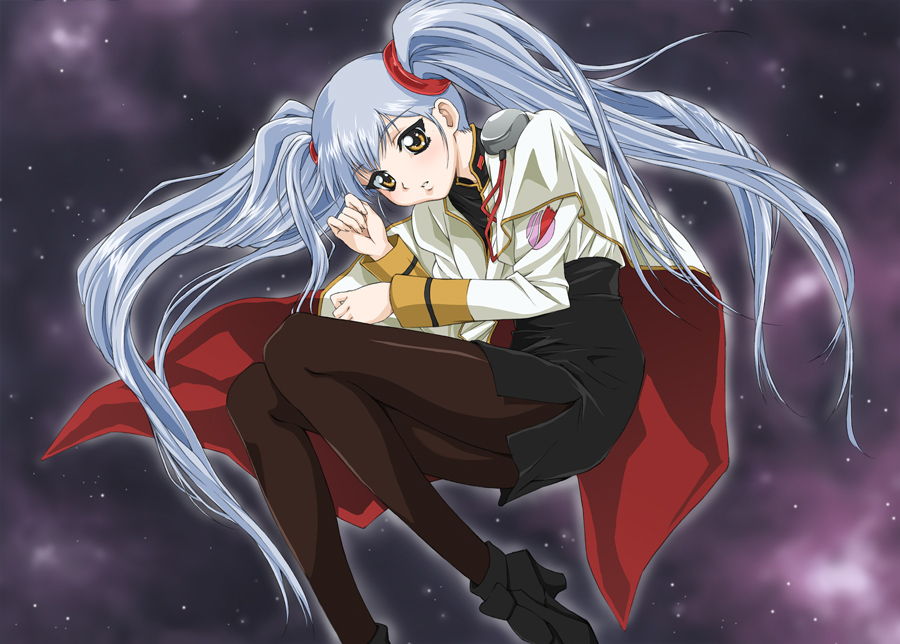 90s blue_hair boots cape hoshino_ruri kidou_senkan_nadesico kidou_senkan_nadesico_-_prince_of_darkness long_hair pantyhose side_slit skirt space twintails uniform yomi_(indigoriver)