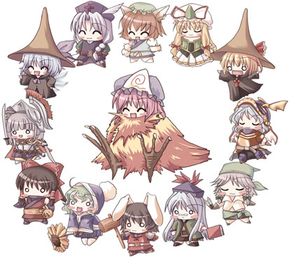 6+girls annotated black_mage blonde_hair chen chibi chocobo cirno dragoon_(final_fantasy) female final_fantasy final_fantasy_iii geomancer geomancer_(final_fantasy) hakurei_reimu inaba_tewi izayoi_sakuya kamishirasawa_keine kazami_yuuka knight konpaku_youmu lowres monk monk_(final_fantasy) multiple_girls ninja ninja_(final_fantasy) parody ranger red_eyes remilia_scarlet rumia saigyouji_yuyuko scholar summoner summoner_(final_fantasy) thief_(final_fantasy) touhou warrior warrior_(final_fantasy) yagokoro_eirin yakumo_yukari youkai