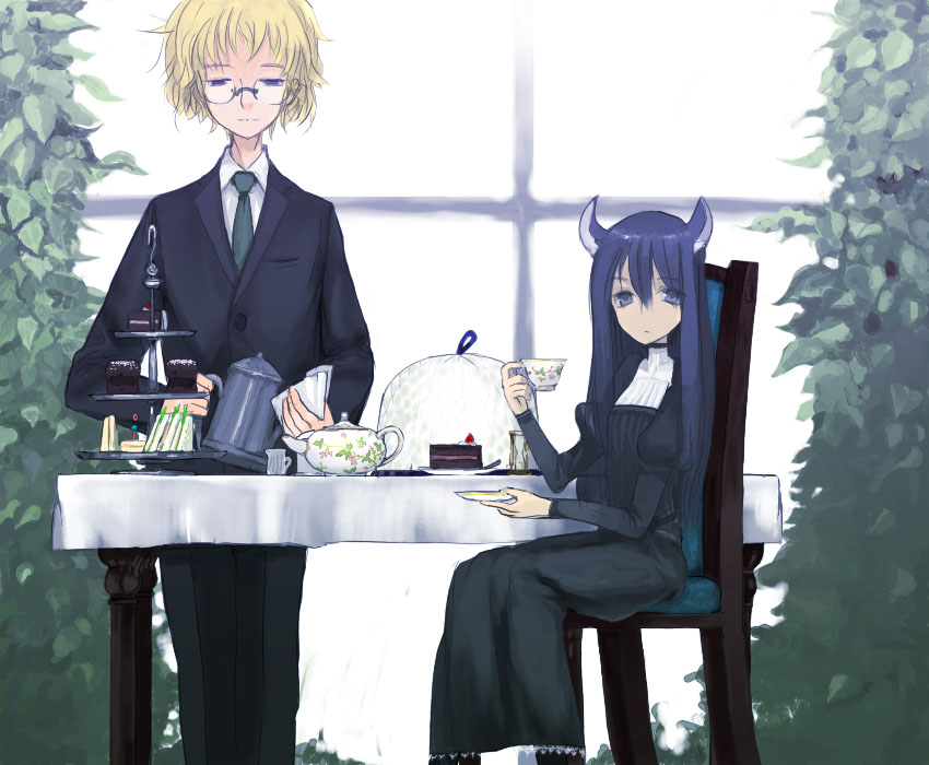 1boy 1girl animal_ears argonauts_gemini blonde_hair blue_eyes butler cake cat_ears chair cup dress enchi food glasses long_hair necktie original pastry plate purple_hair sandwich sitting slice_of_cake standing table tablecloth tea teacup teapot