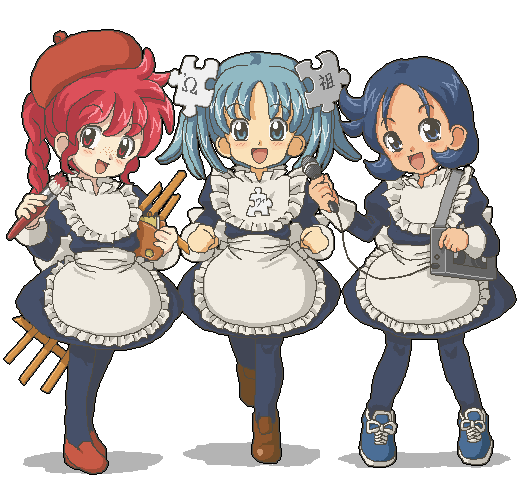 3girls :d aliasing apron art_brush bangs beret blue_dress blue_eyes blue_hair blue_legwear blush braid child clenched_hand commons commons-tan cross-laced_footwear dress easel flat_chest flipped_hair freckles frilled_apron frills hair_ornament happy hat head_tilt holding kasuga39 leg_lift lineup loafers long_hair long_sleeves looking_at_viewer maid maid_apron matching_hair/eyes microphone multiple_girls oekaki open_mouth os-tan paintbrush pantyhose parted_bangs pigeon-toed quote-tan quote_(wiki) red_eyes redhead shadow shoes short_dress short_hair short_twintails simple_background sleeve_cuffs smile sneakers standing strap twintails waist_apron white_background wikipe-tan wikipedia