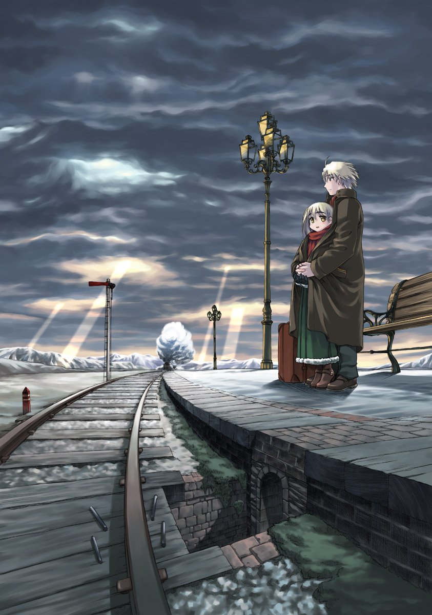 1boy 1girl bad_id clouds couple ema_(seven-bridge) height_difference hetero highres hug kuu_klein lamp locomotive nakamura_testsuya nakamura_tetsuya scarf seven-bridge size_difference steam_locomotive train